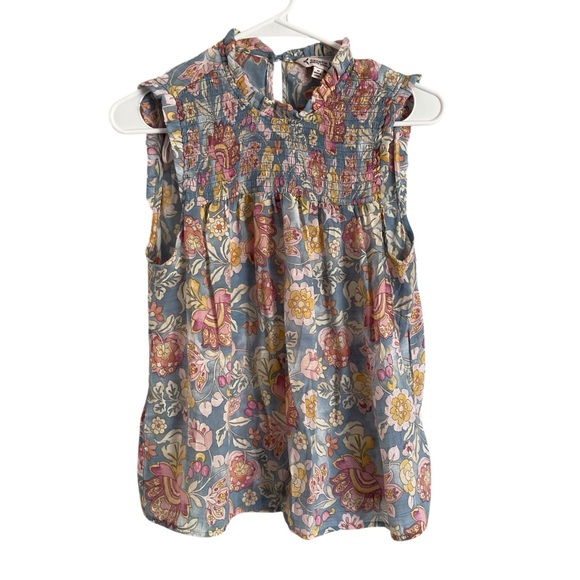 Nanette Lepore Tops - Nanette Lenore Flounce Sleeve Floral Blouse High Neck Multicolor Blue Sz…
